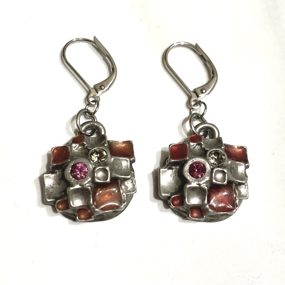 NES Pewter Pink Enamel & Pink Clear Rhinestones Earrings Lever Back